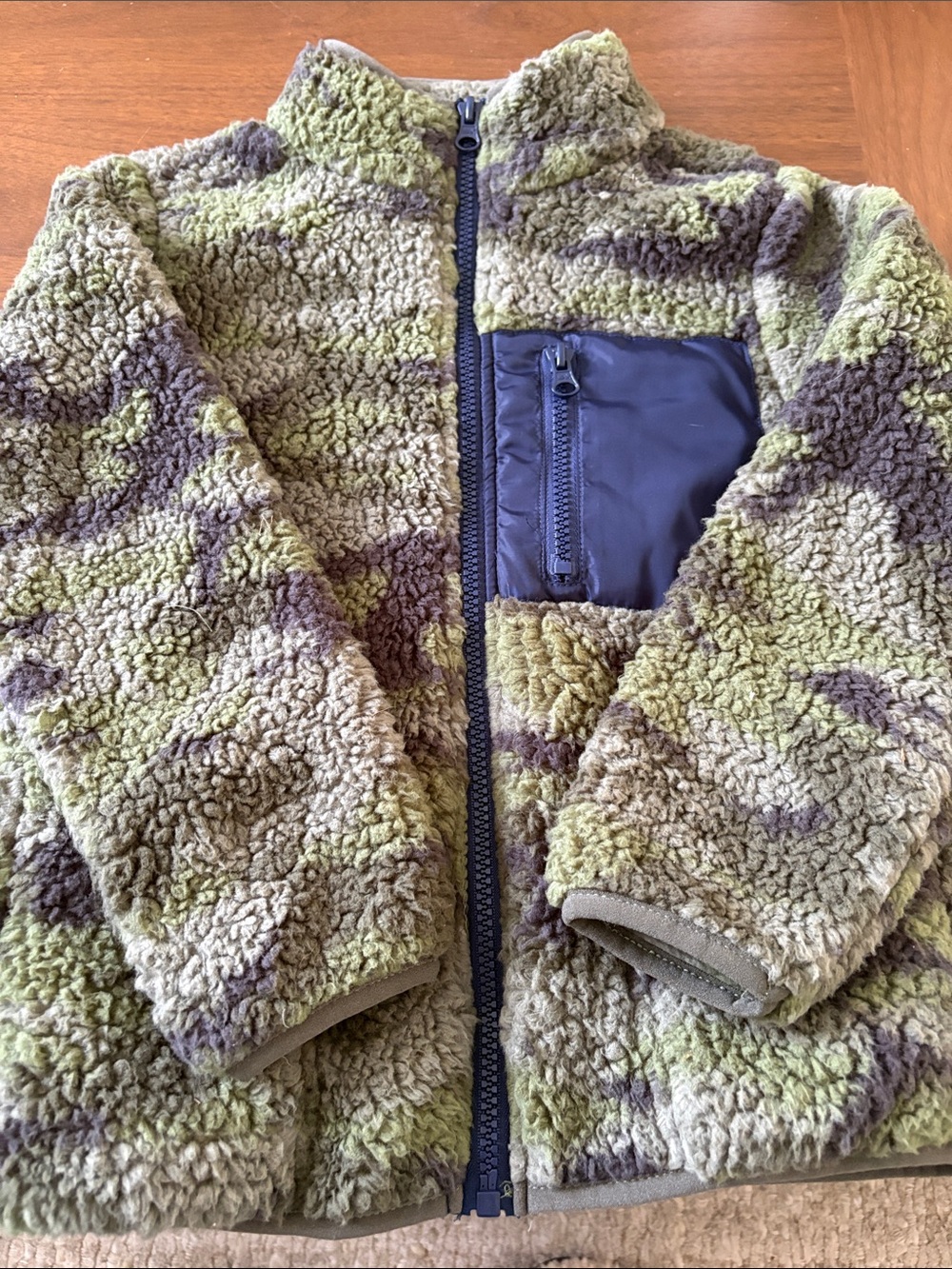 Andy & Evan Green Camo Sherpa Puffer Jacket with Navy Zip Pocket